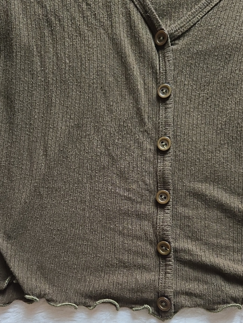 Live in the Moment Ribbed Lettuce Edge Top Small Olive Green Faux Button Front - Picture 9 of 11